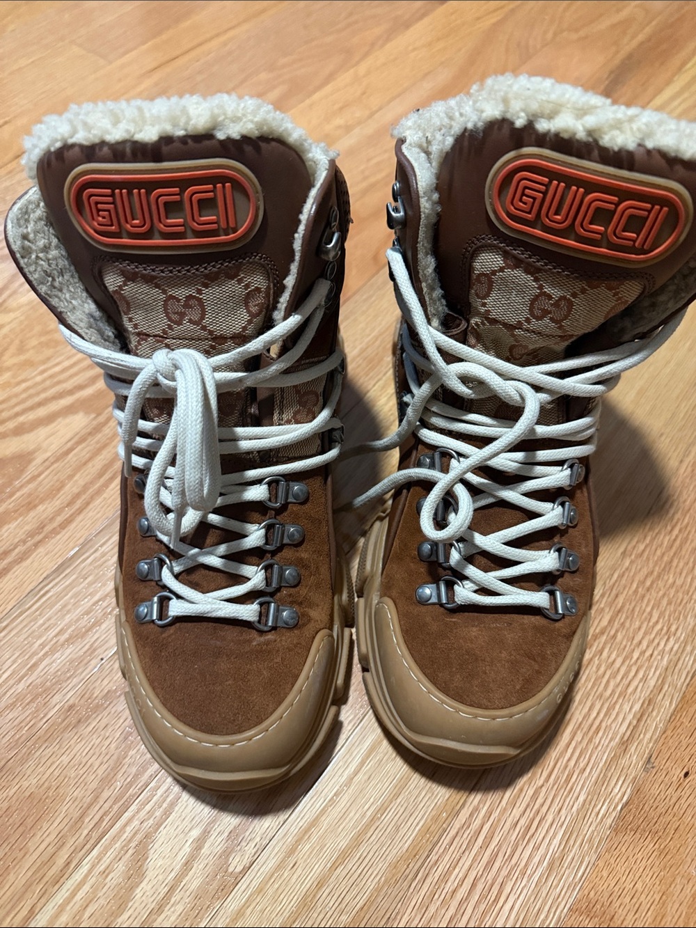 Gucci Brown Shearling-Trim Lace-Up Boots